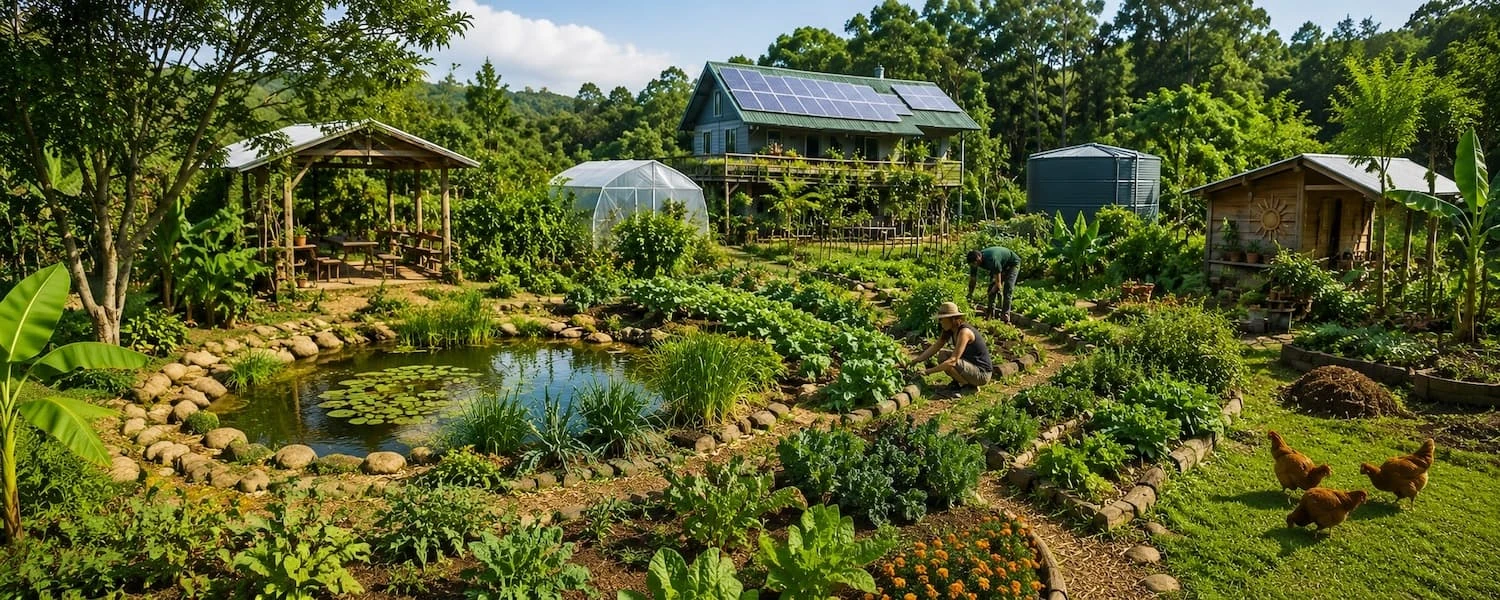 Curving vegetable beds and a pond in a productive permaculture garden